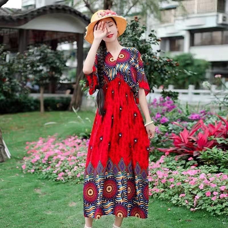 Ethnic Style Cotton Printed V-neck Short Sleeve Dress