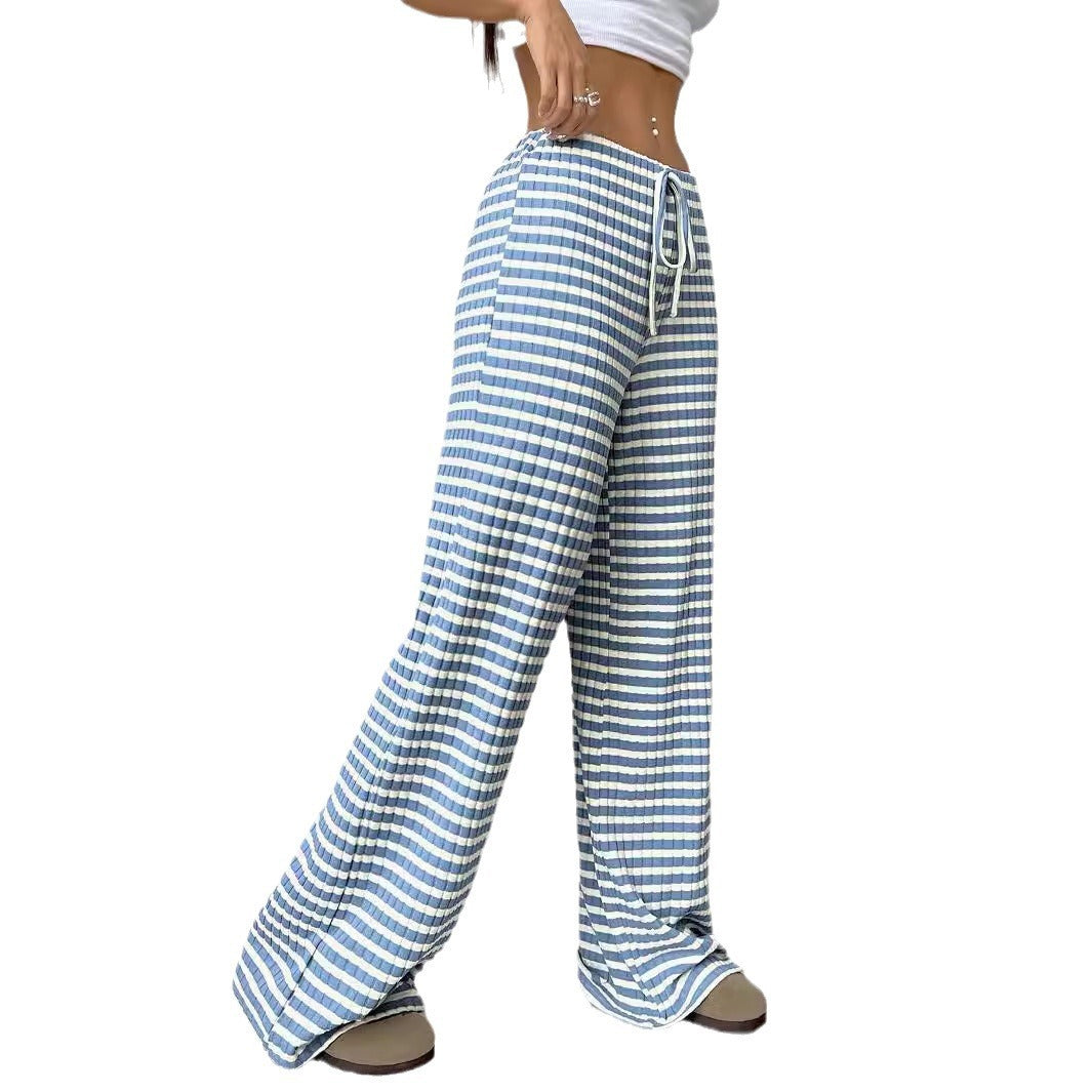 Women's Casual Striped Solid Color Drawstring Straight-leg Pants