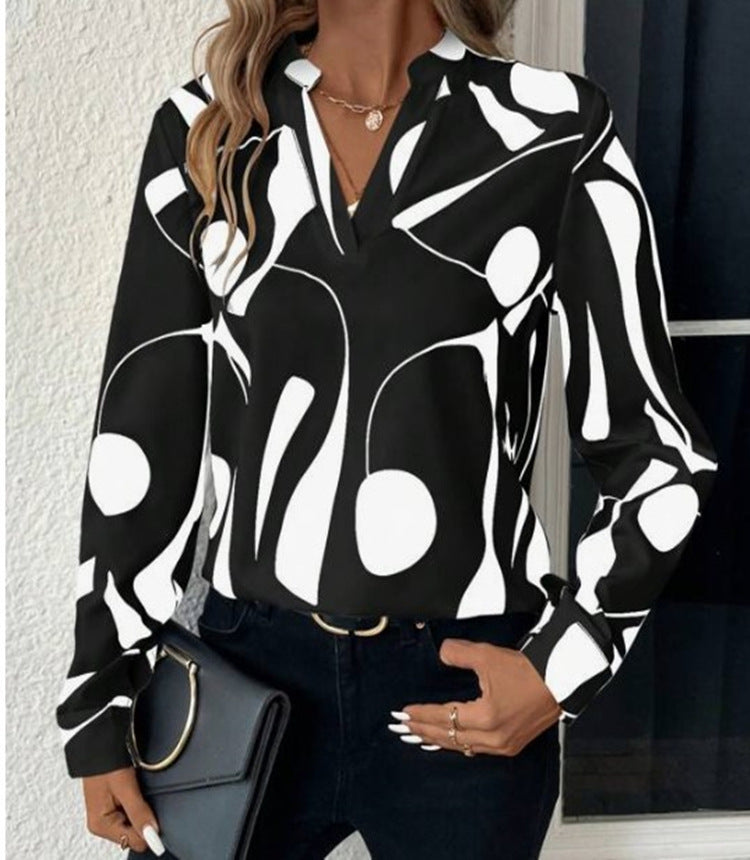 V-neck Long Sleeve Slimming Printed Stand Collar Shirt