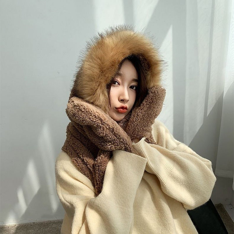 Double Layer Hat Women Lamb Woolen Hat Scarf Gloves Three-piece One