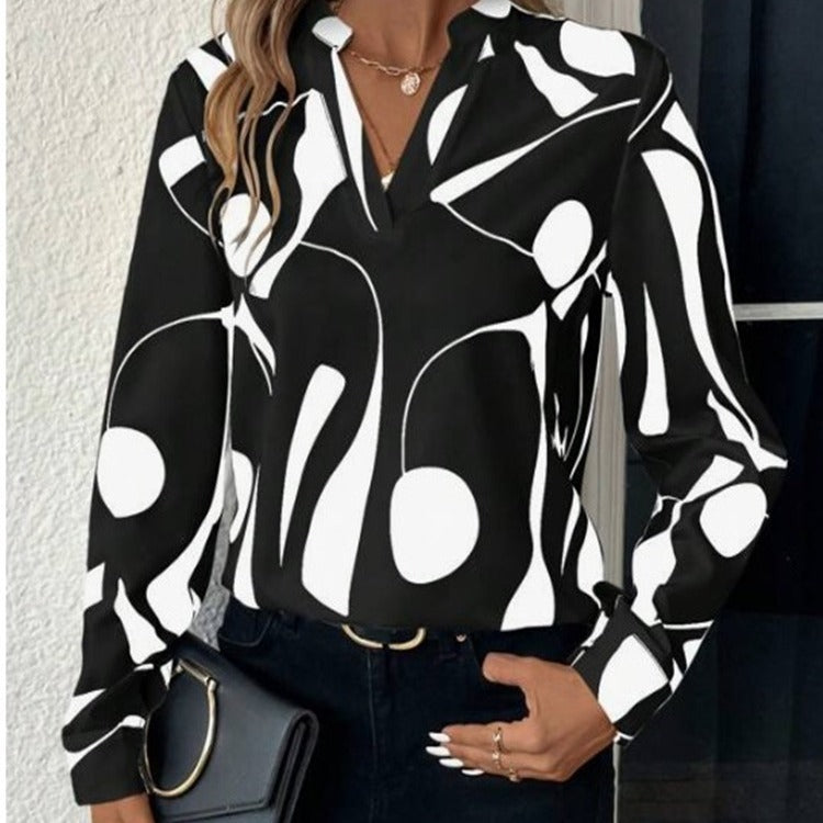 V-neck Long Sleeve Slimming Printed Stand Collar Shirt