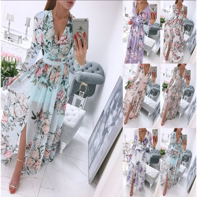 Summer Long-sleeve V-neck Chiffon Printed Bohemian Dress Women