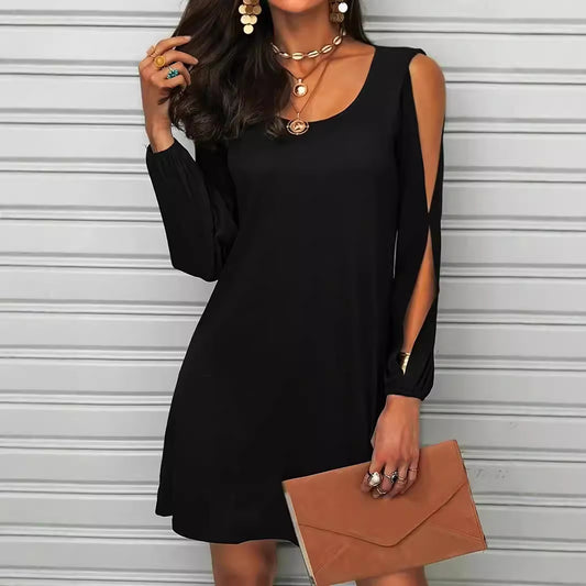 Deep Round Neck Loose Off-the-shoulder Long Sleeve Casual Beach Broken Dress