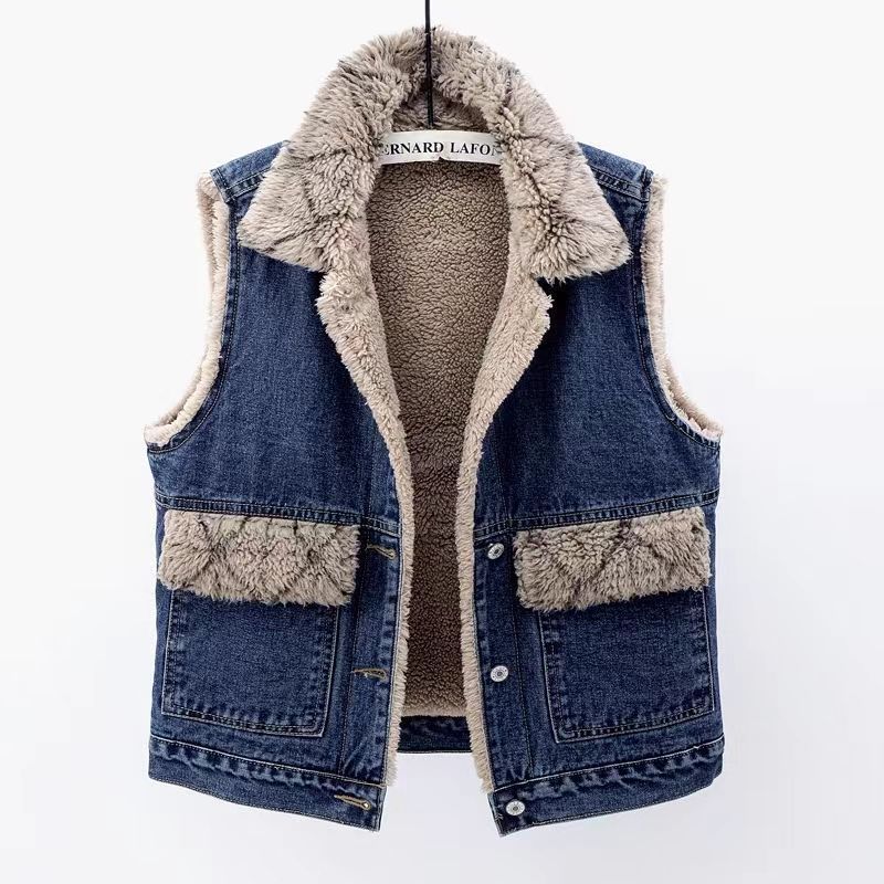 Lamb Wool Denim Cotton-padded Waistcoat Women