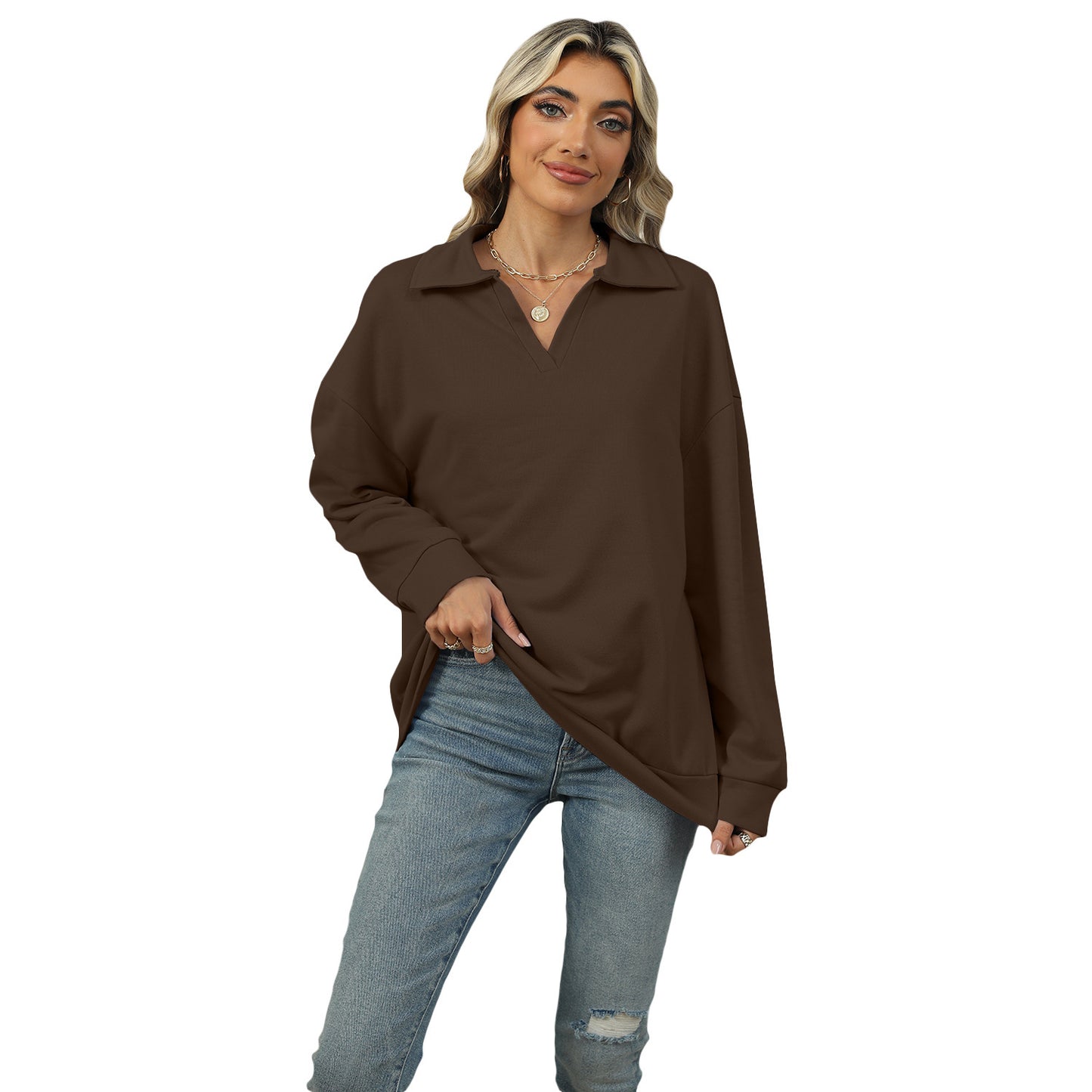 New Lapel V-neck Sweatshirt Fashion Casual Loose Solid Color  Long-sleeved Pullover Top For Womens Clothing