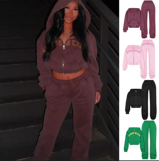 Ins Letter Sports Suit Zip-up Hooded Cropped Sweatshirt Top And Loose Drawstring Trousers Fashion Womens Clothing