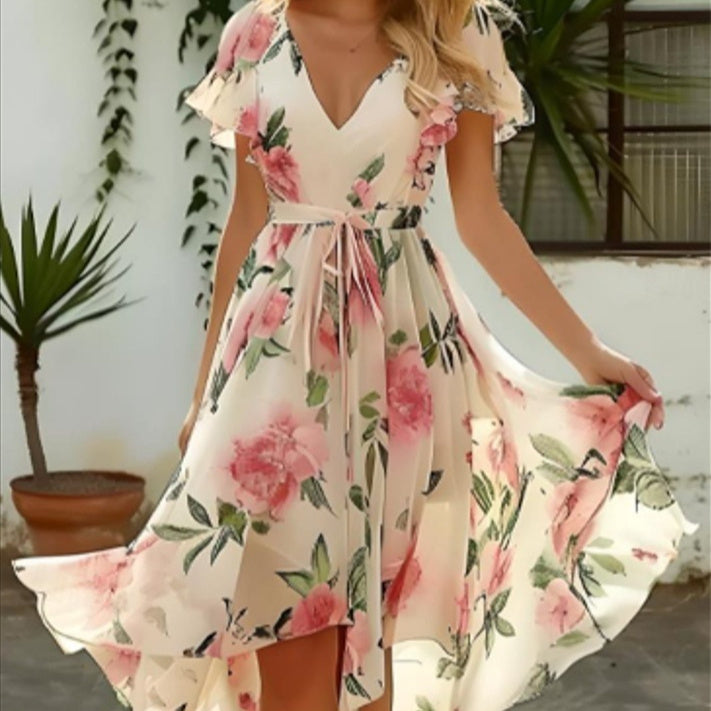 V-neck Mid-length Slim-fit Printed Dress