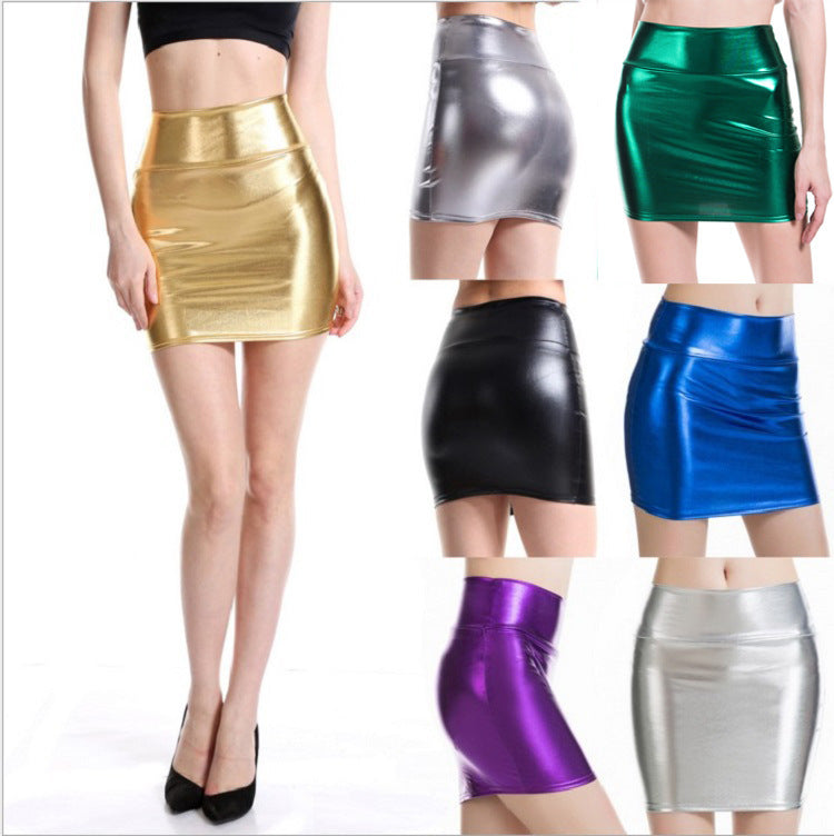 Fashion Matching Performance Clothes PU Bag Buttock Hot Gold Solid Color Short Skirt