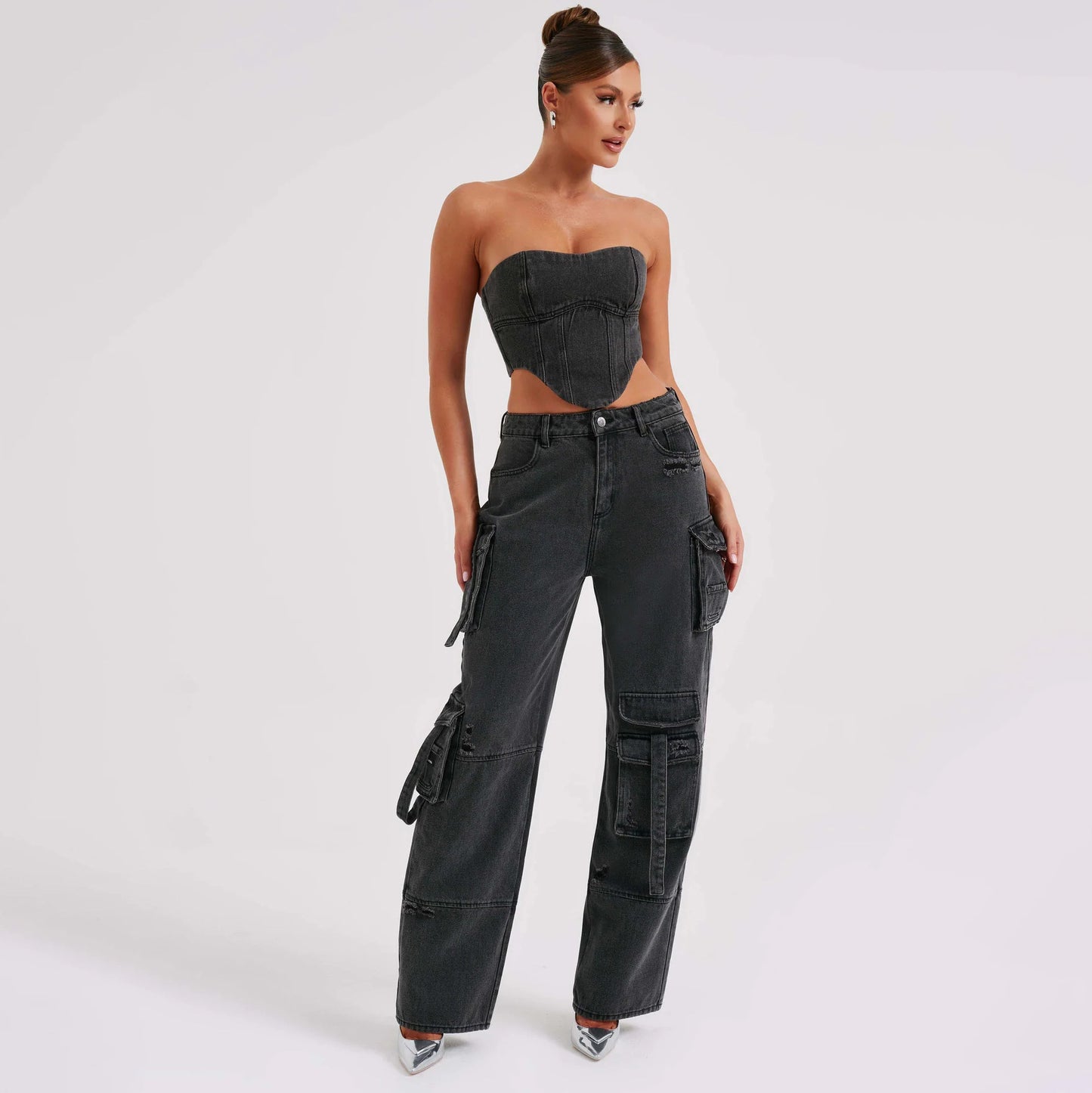 2Pcs Denim Suits Summer Sexy Backless Tube Top And Multi-pocket Straight Trousers Fashion Long Pants Suit Womens Clothing