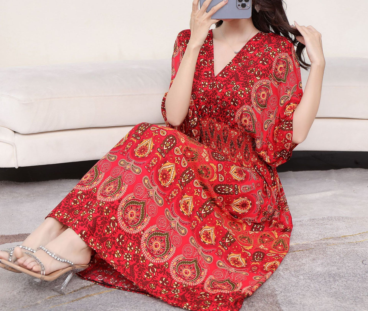 Ethnic Style Cotton Printed V-neck Short Sleeve Dress