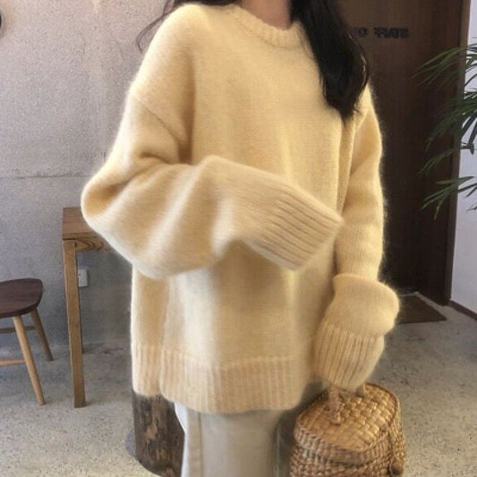 Super Fairy Milky Yellow Mohair Pullover Sweater For Women