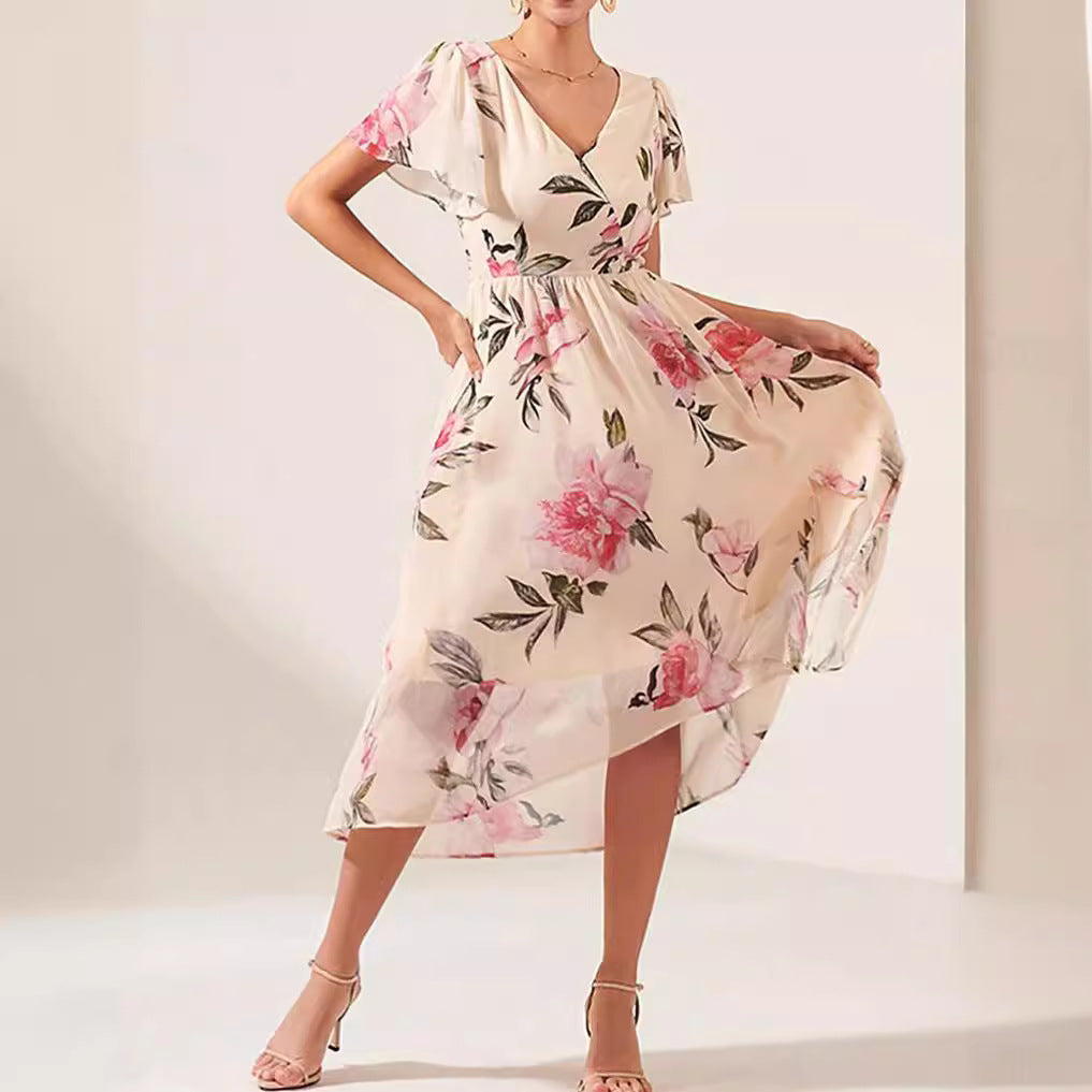 V-neck Mid-length Slim-fit Printed Dress