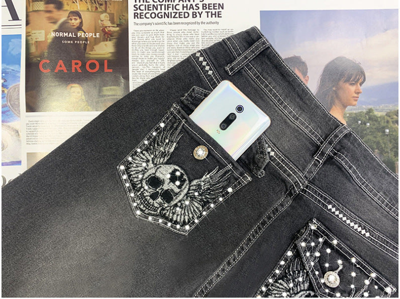 European And American Hot Pants New Retro Embroidered Skull Hot Rhinestone Elastic Slim Fit Slimming Skinny Denim Trousers