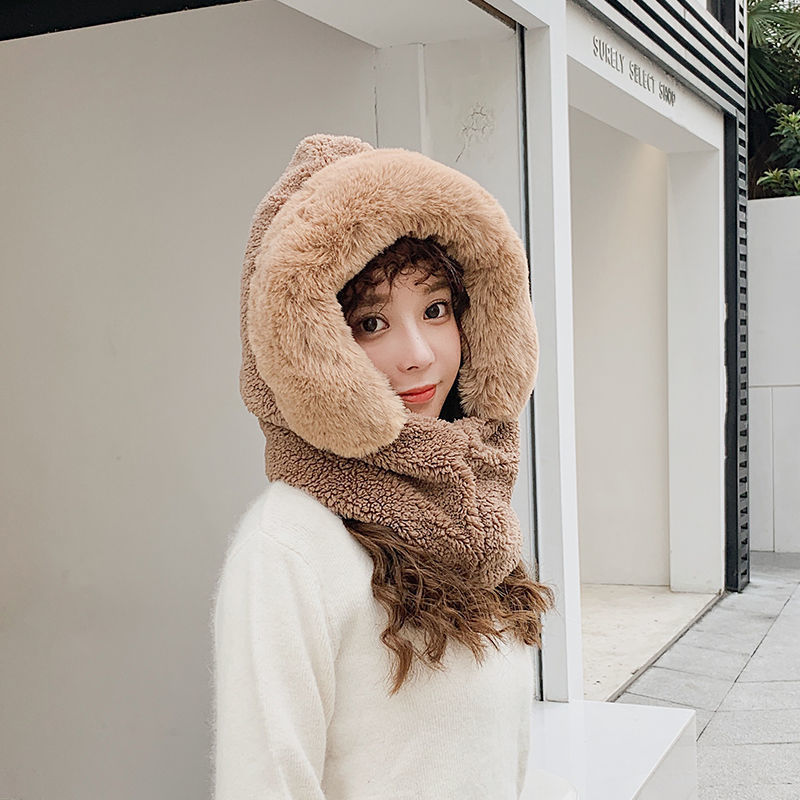 Double Layer Hat Women Lamb Woolen Hat Scarf Gloves Three-piece One