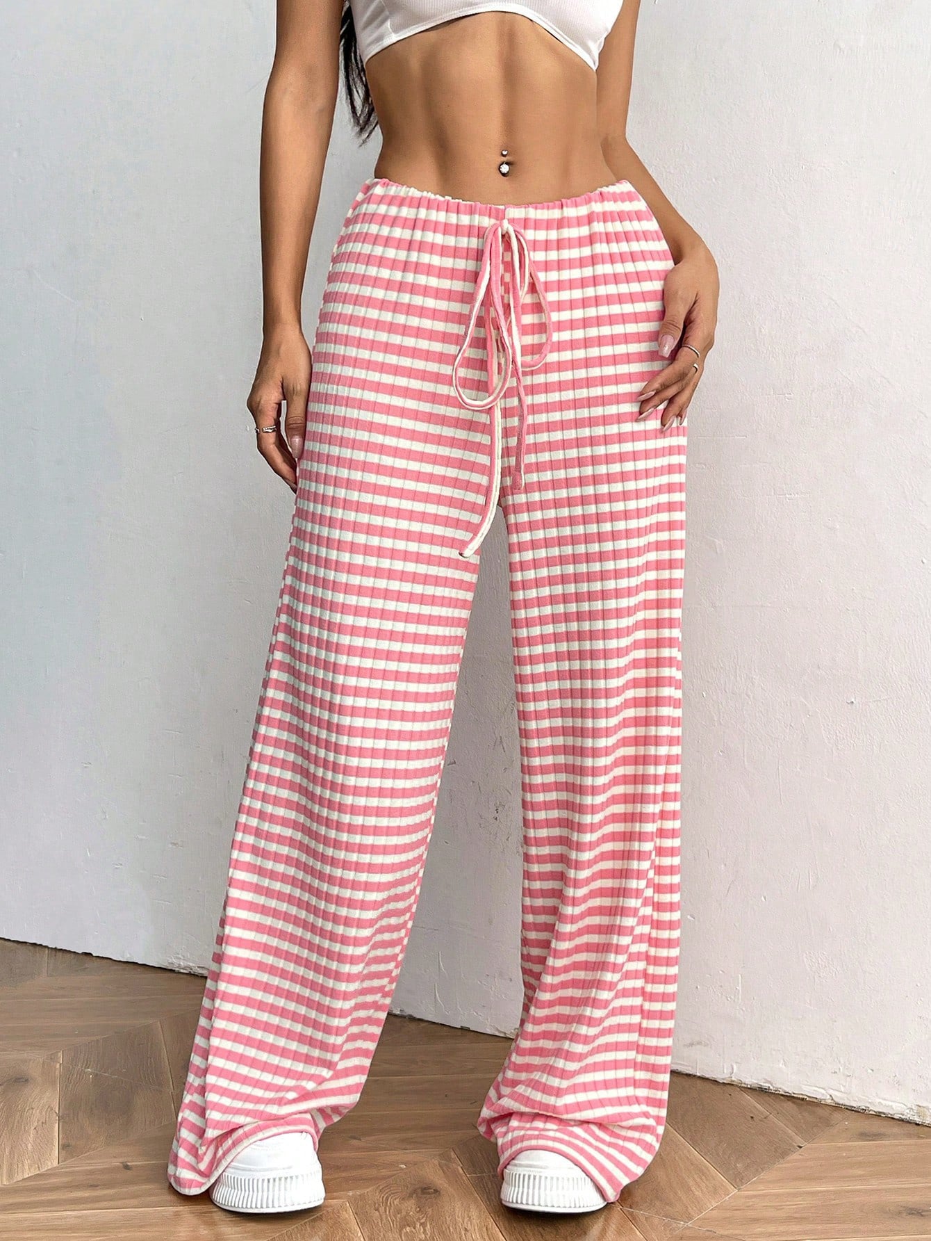 Women's Casual Striped Solid Color Drawstring Straight-leg Pants