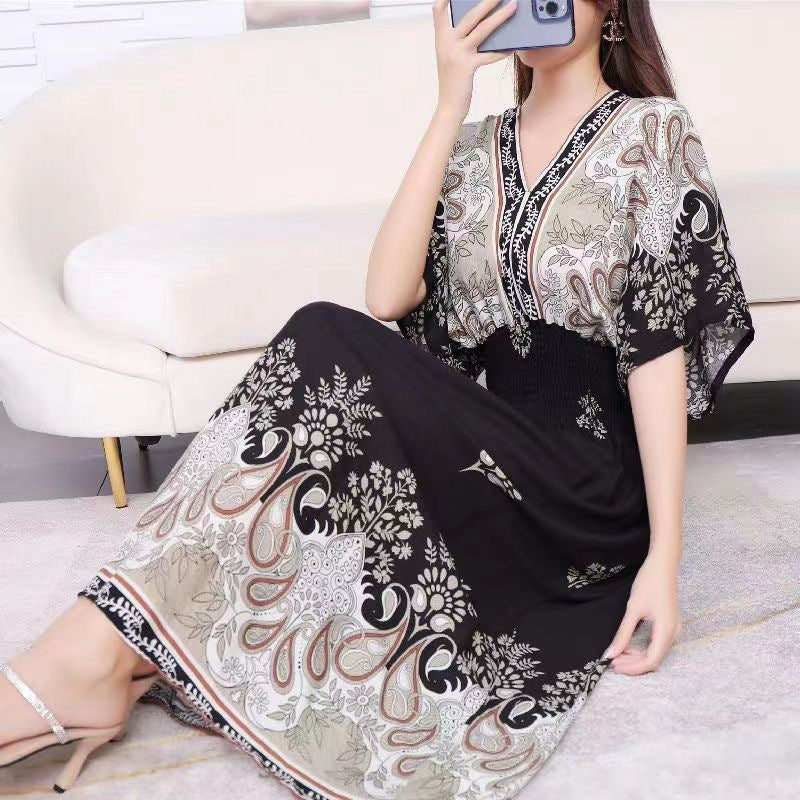 Ethnic Style Cotton Printed V-neck Short Sleeve Dress