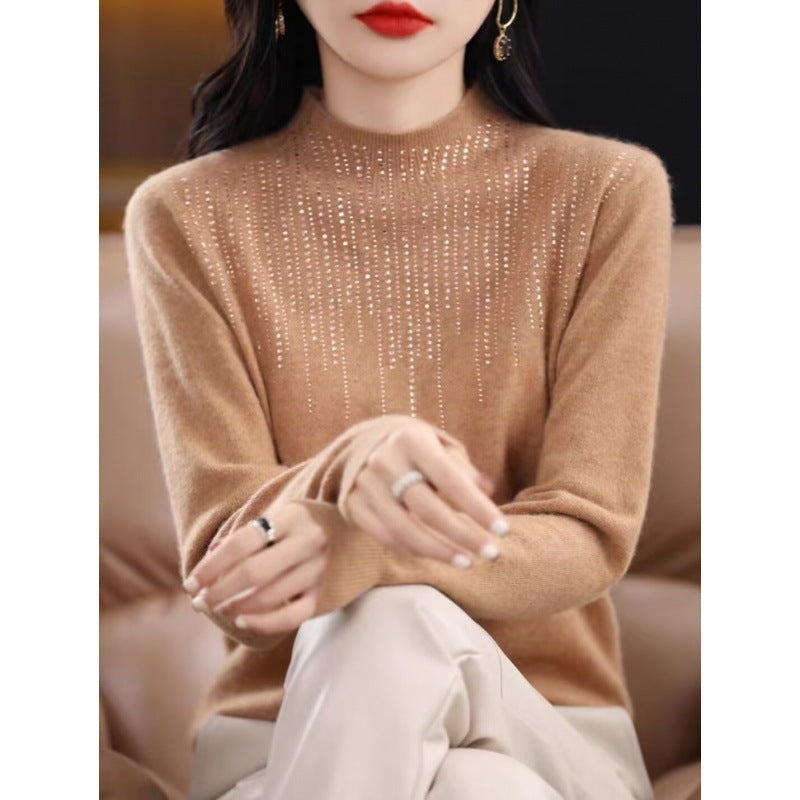 Women's Diamond-embedded Half-turtleneck Wool Sweater Bottoming Shirt