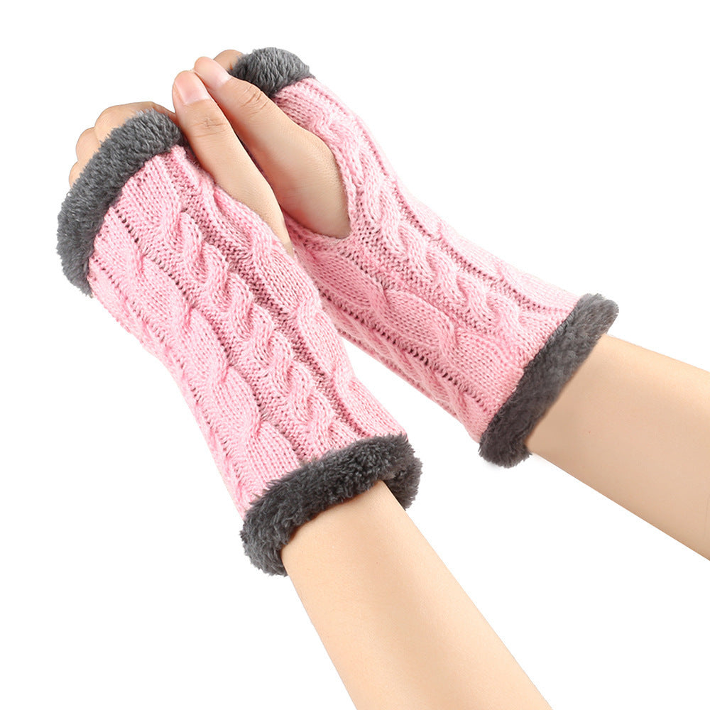 Winter Plush Gloves Twist Knitted Fingerless Fleece Gloves Women Warm Thickened Woolen Gloves