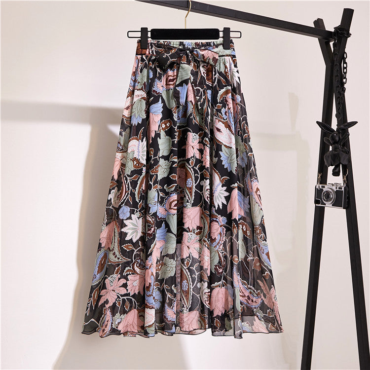 Printed Chiffon Large Skirt Mid-length Floral Bohemian