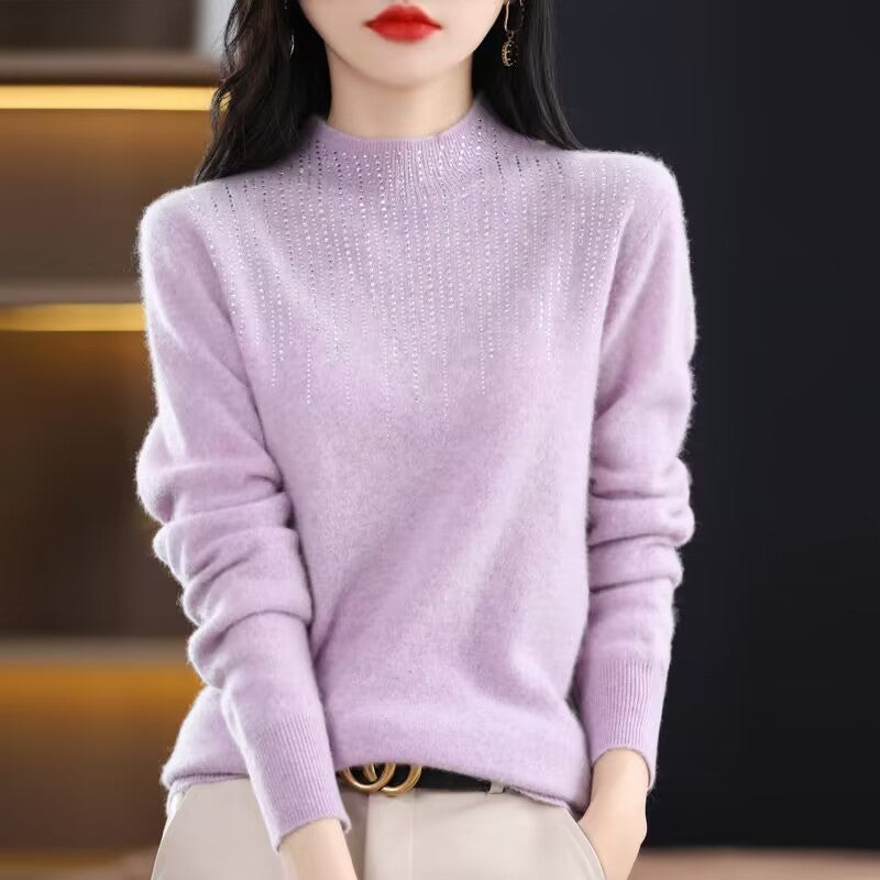 Women's Diamond-embedded Half-turtleneck Wool Sweater Bottoming Shirt