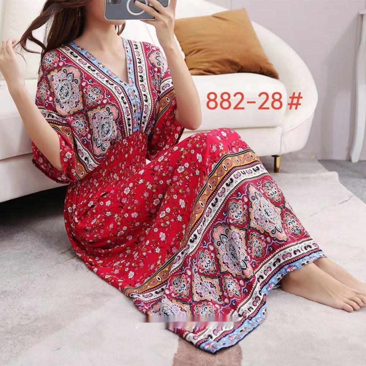 Ethnic Style Cotton Printed V-neck Short Sleeve Dress