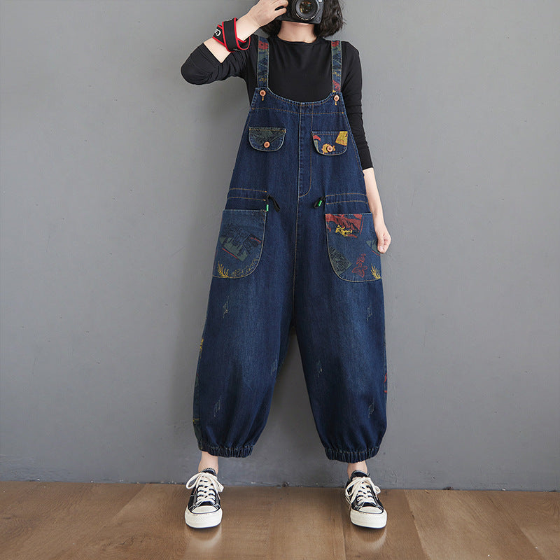 Women's Fashion Plus Size Age Reduction Print Suspender Jeans