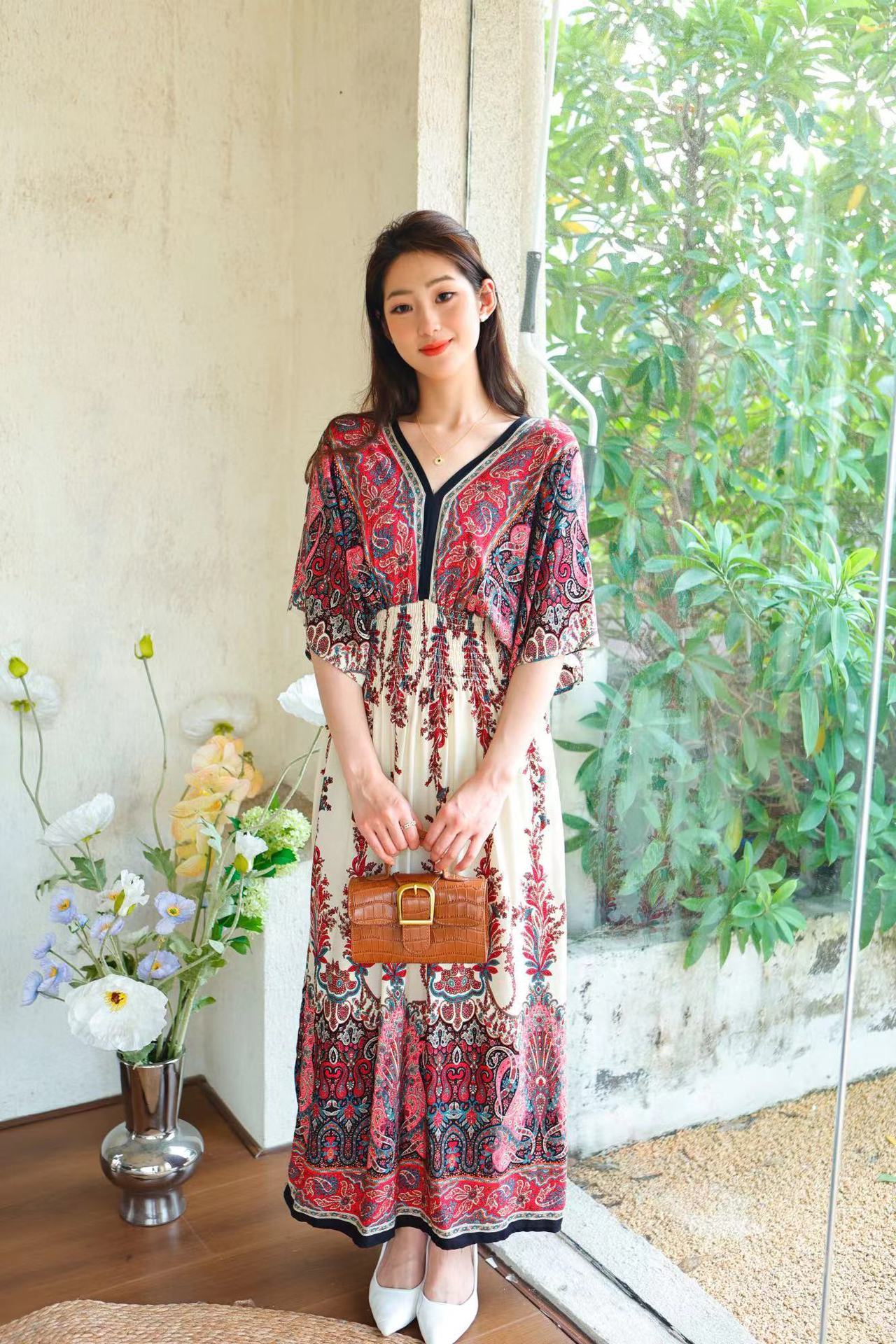 Ethnic Style Cotton Printed V-neck Short Sleeve Dress