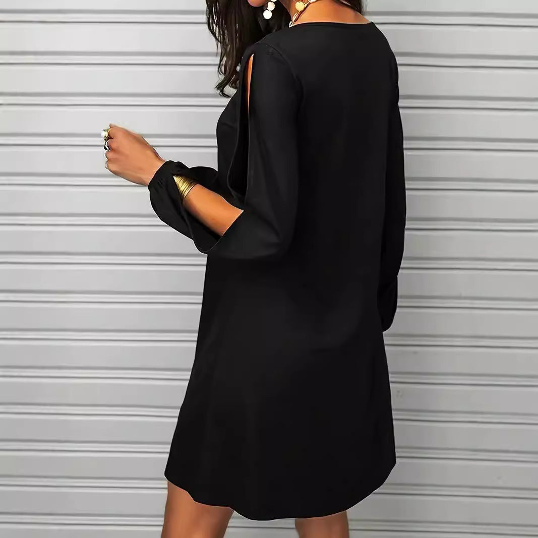 Deep Round Neck Loose Off-the-shoulder Long Sleeve Casual Beach Broken Dress