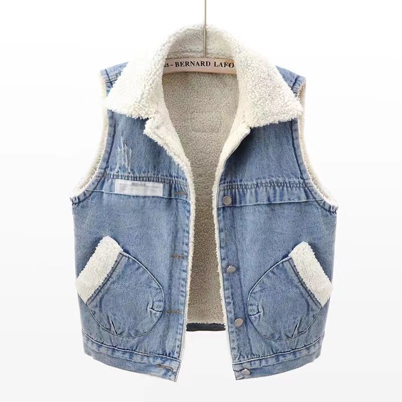 Lamb Wool Denim Cotton-padded Waistcoat Women