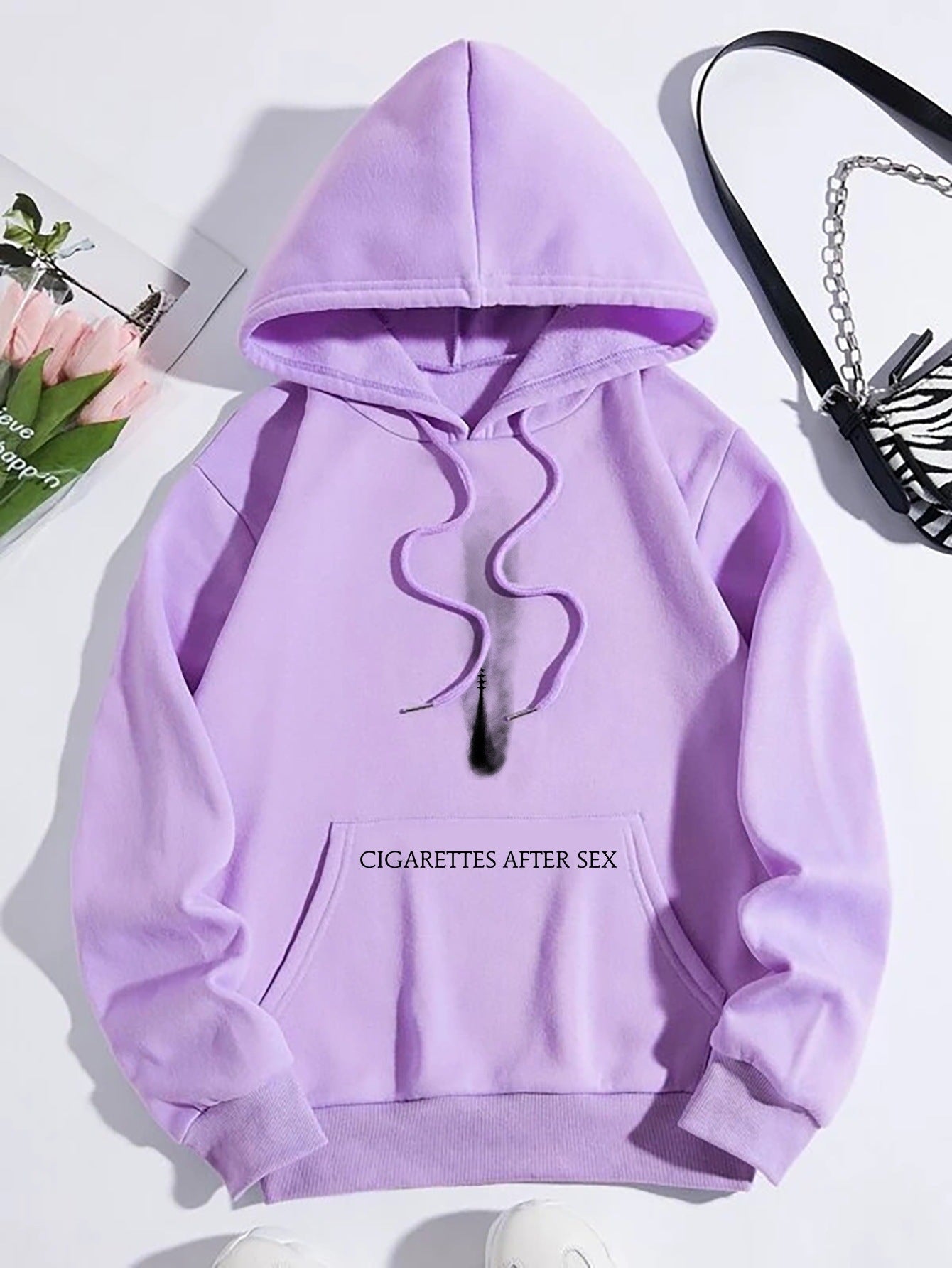 Women's Fleece-lined Letter Print Kangaroo Pocket Drawstring Printed Hoodie