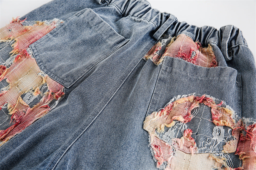 Color Contrast Patchwork Lace Washed Denim Shorts Men's Clothing