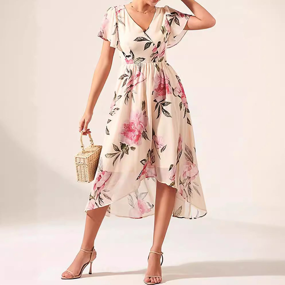 V-neck Mid-length Slim-fit Printed Dress