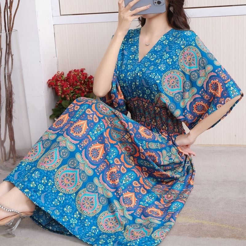 Ethnic Style Cotton Printed V-neck Short Sleeve Dress