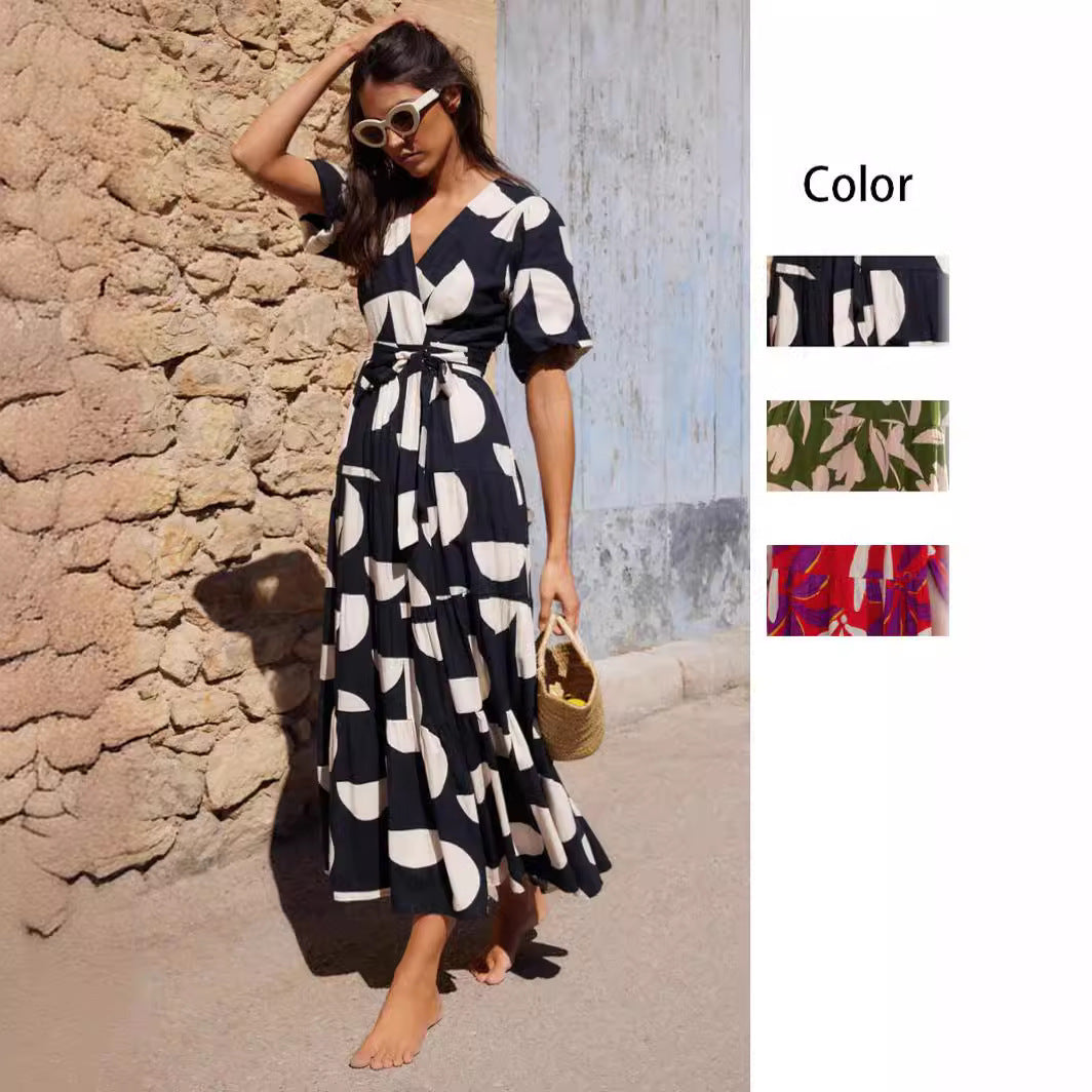 Summer New Casual V-neck Printing Mid-length Dress