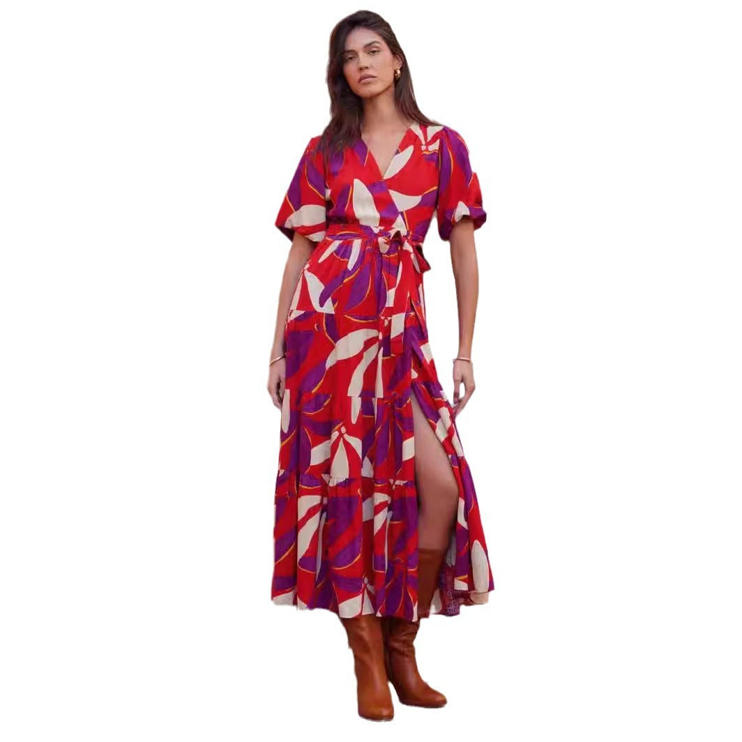 Summer New Casual V-neck Printing Mid-length Dress