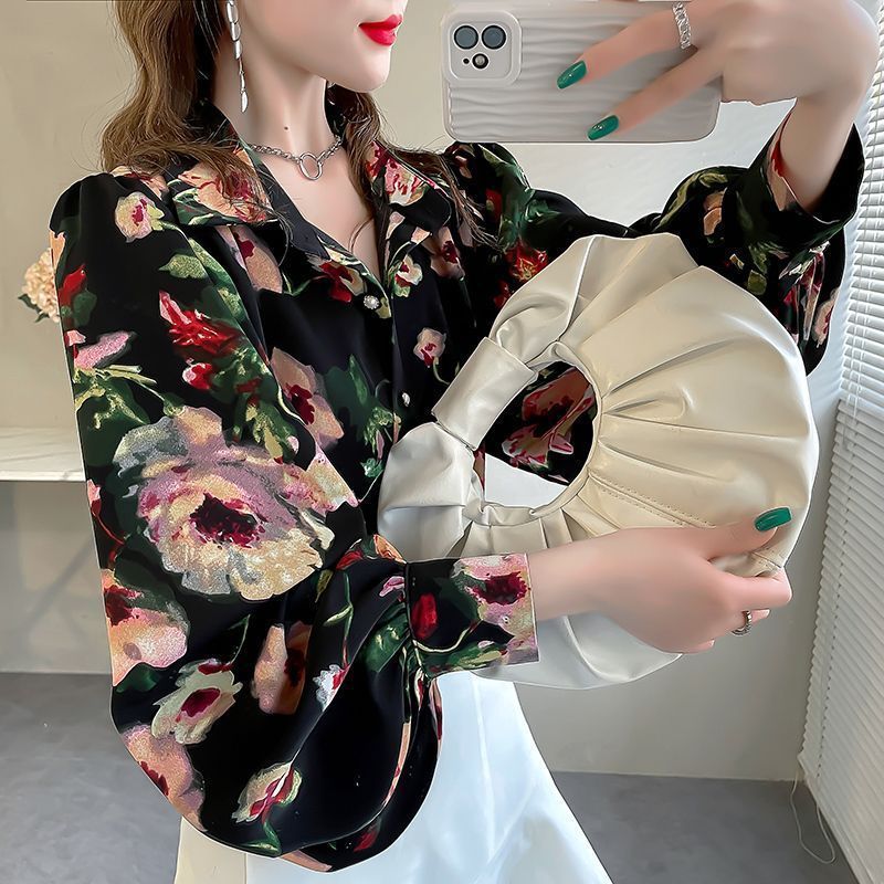 New Loose Lantern Sleeve Chiffon Printed Shirt For Women