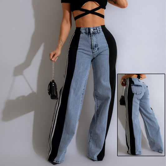 2024 Fashion Casual High Waist Elastic Straight Leg Trousers Three Stripe Patchwork Denim Wide Leg Pants Streetwear