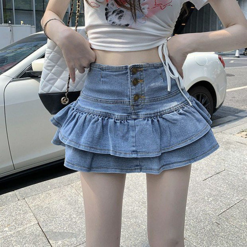 Hot Girl Pure Denim Skirt Women's Summer Anti-exposure Single-breasted