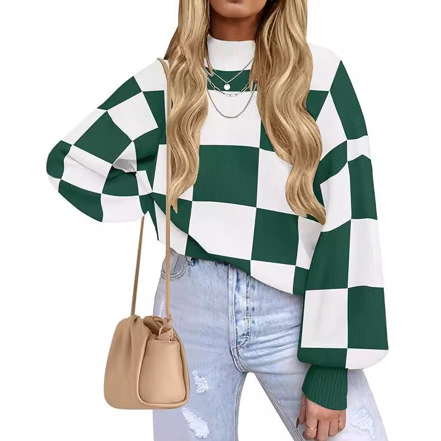 Women's Fashion High Collar Long Sleeve Striped Rib Sweater